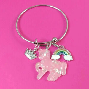 New Pink Princess Unicorn Rainbow Girl Charm Bangle Bracelet